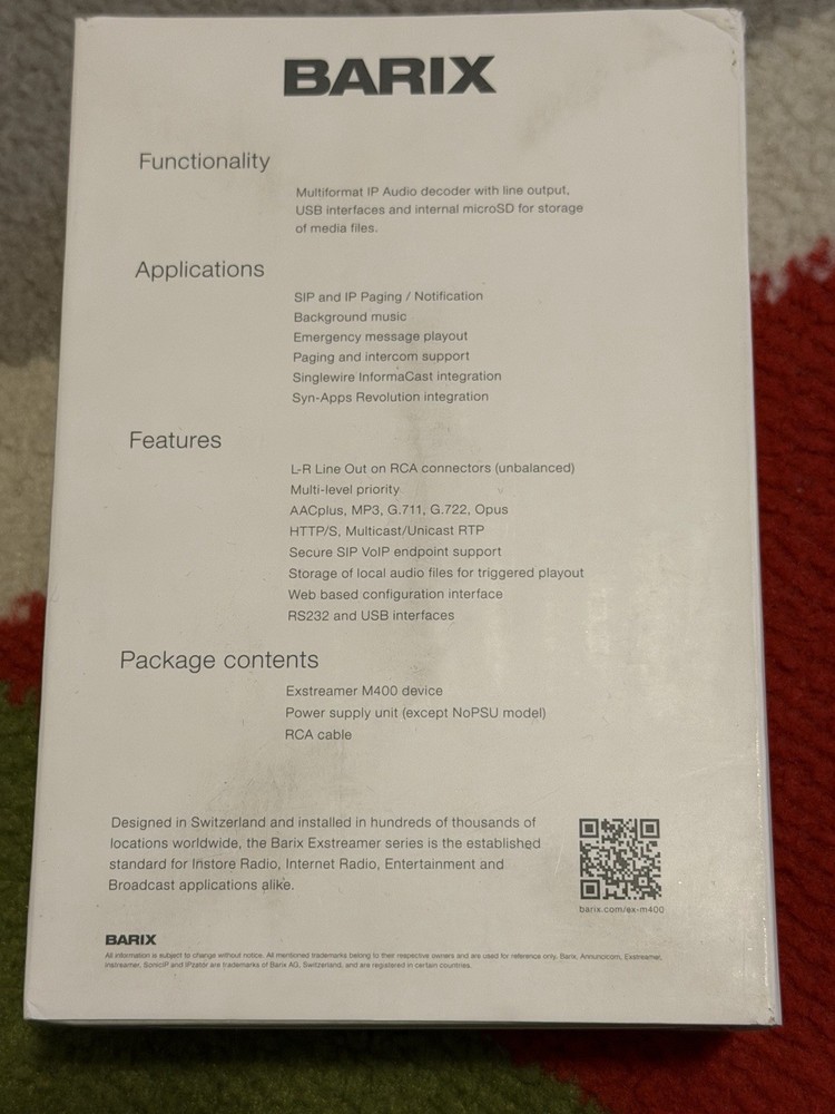 Barix Exstreamer M400 Multiformat IP Audio Decoder