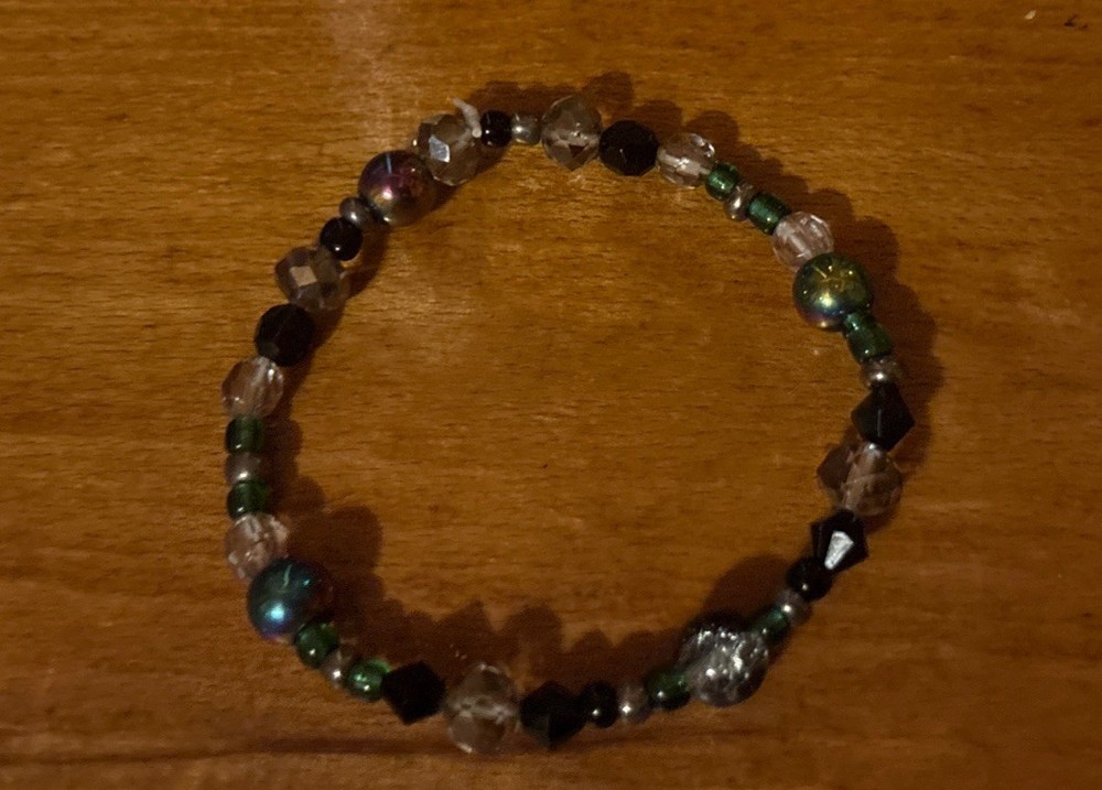 Handmade Stackable Set Of Two Black, Green, And Metallic Beaded Bracelets