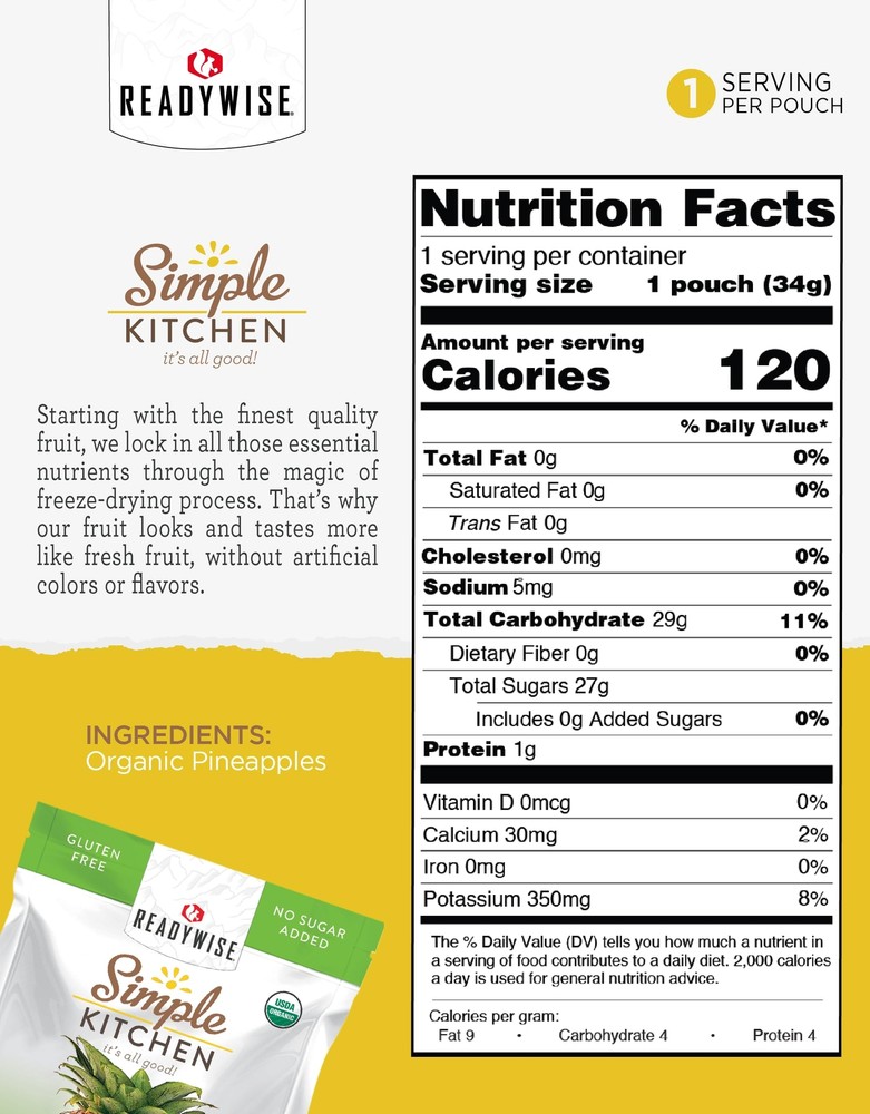 READYWISE - Simple Kitchen, Freeze-Dried Organic Pineapples, 1 pack, Vegetarian,