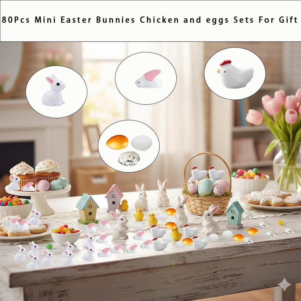 80Pcs Miniature Easter Figurines - Rabbits, Chickens & Eggs for Decor