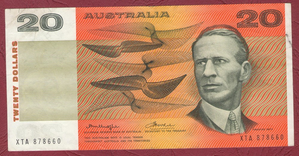 AUSTRALIAN PAPER BANKNOTE  1976 PHILLIPS / WHEELER $20 SIDE THREAD