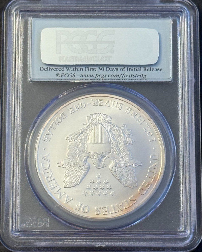 2006 American Silver Eagle $1 PCGS MS69 First Strike Flag Label Slightly Toned