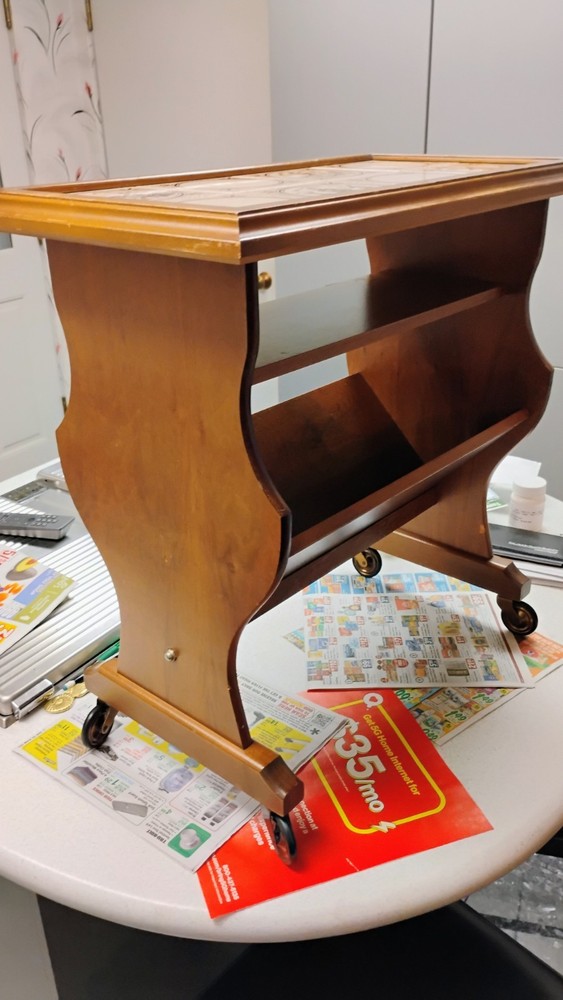 ANTIQUE WALNUT AND PINE TOP MAGAZINE RACK END TABLE On WHEELS.