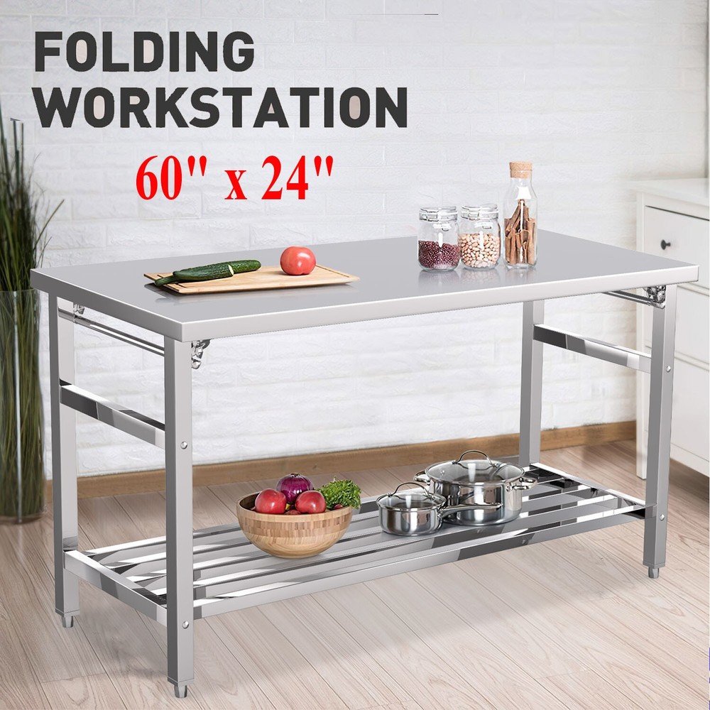 Stainless Steel 60" x 24" NSF Kitchen Work Prep Table Folding with Undershelf