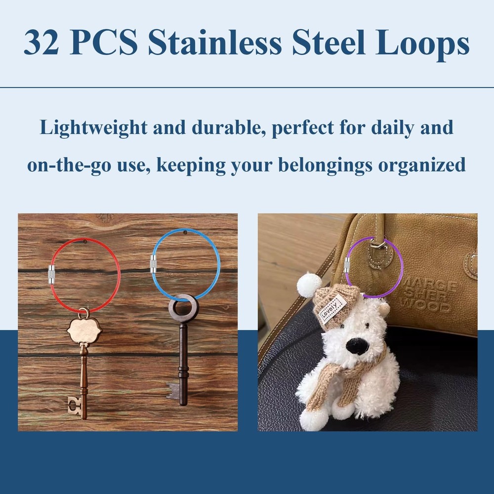 32 Pack Wire Keychain Cable, Cable Stainless Steel Key Ring, Luggage Tags Loops.