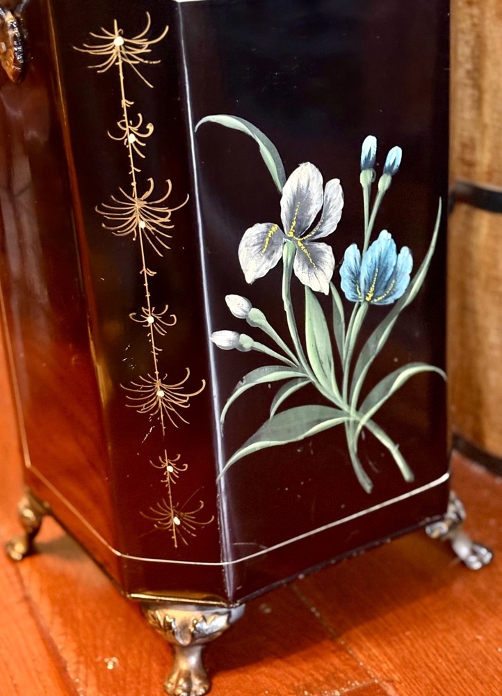 Antique Tole Coal Scuttle Fireplace Box w/ Insert Hand Painted