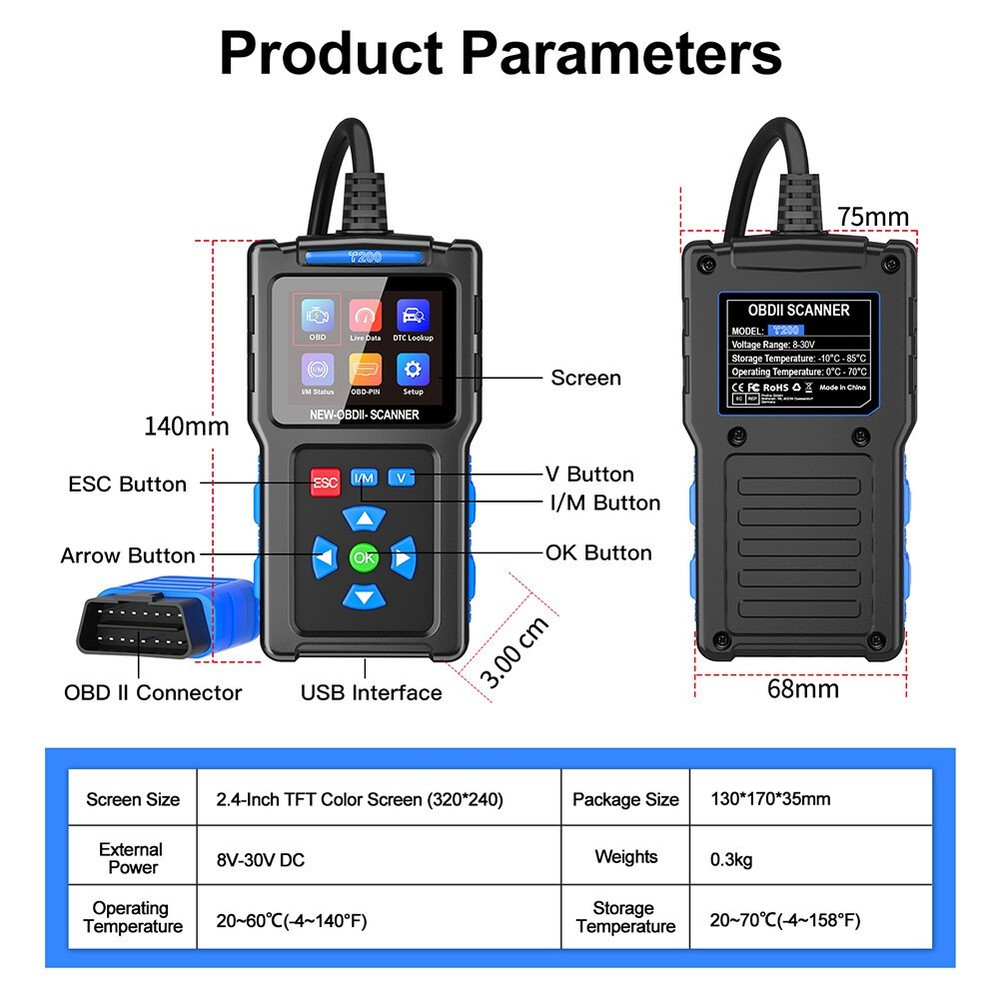 Code Reader Car Diagnostic Scan Tool Check Engine Fault T200 Car OBD2 Scanner US