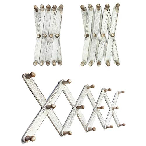 Expandable Wooden Coat 14 Hooks - Regular Size Distressed White (Rustic Style)