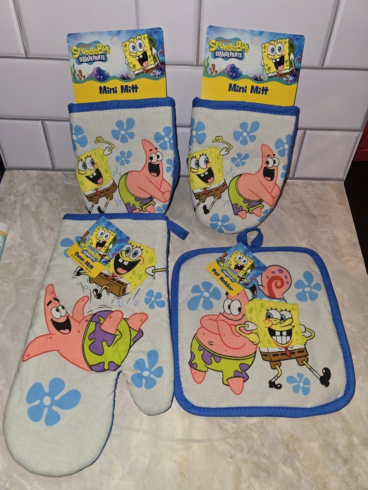 SpongeBob SquarePants Kitchen Set 4pc Pot Holder Mini & Oven Mitt Bundle New