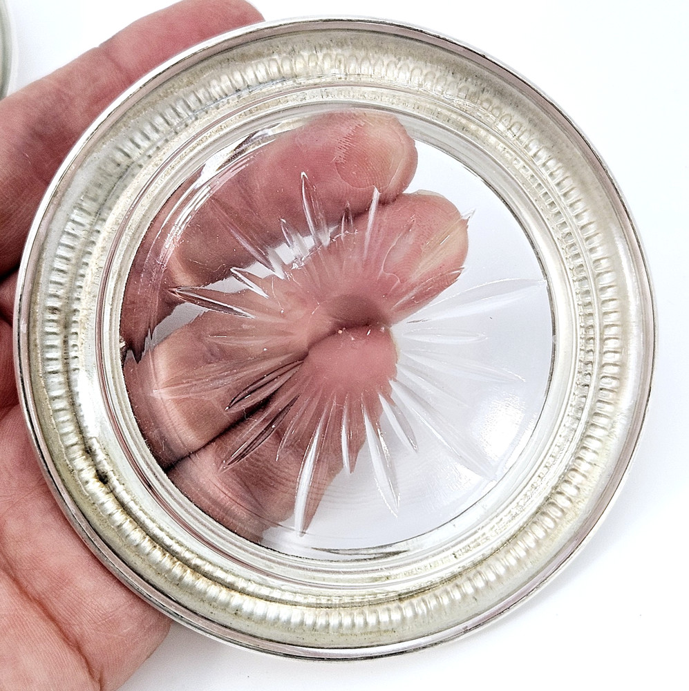 Pair Frank M Whiting Sterling Silver Overlay Crystal Coasters