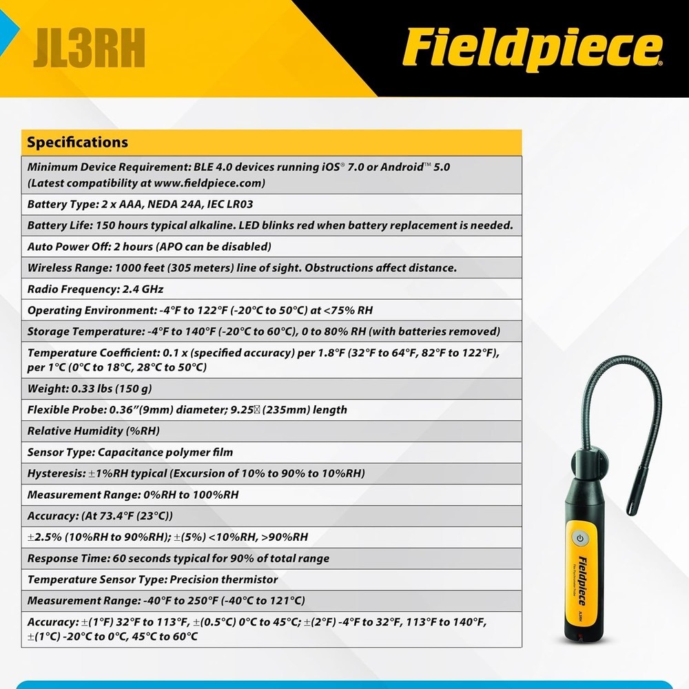 Compact Psychrometer Probe for Job Link App with Remote Data Functionality