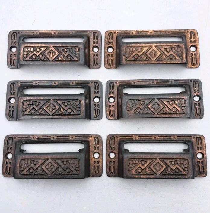 Antique Card Label Bin Pulls Drawer Pull Handle Vintage Metal Hardware Set of 6
