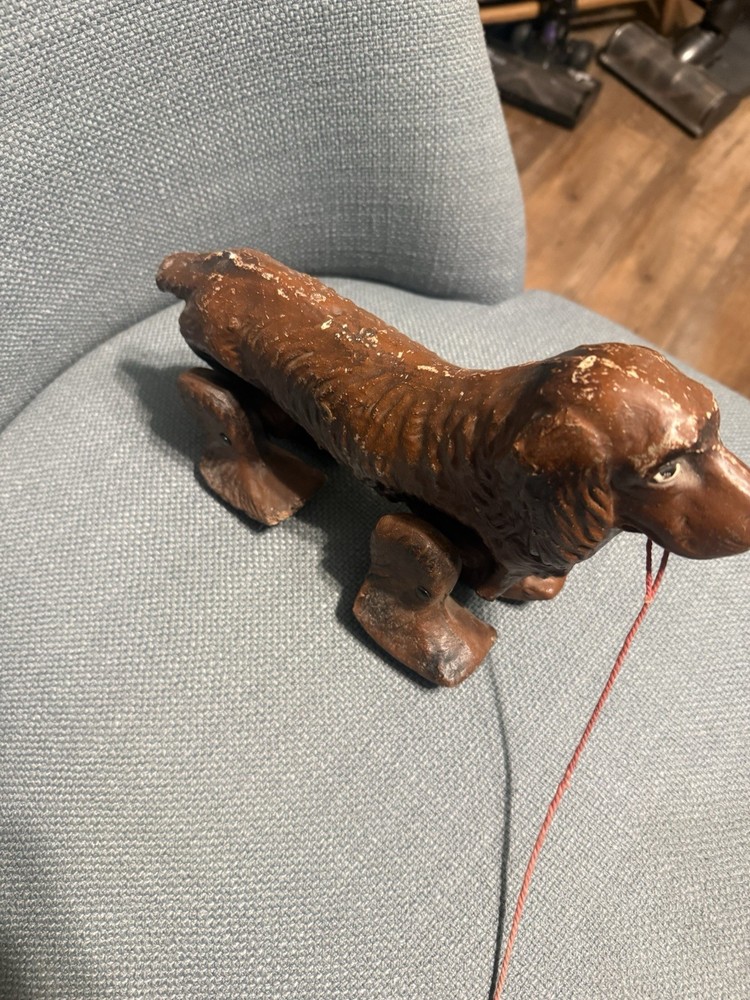Antique Pull Toy Dog Child’s Pull Behind Early 20th C Composite Spaniel Decor