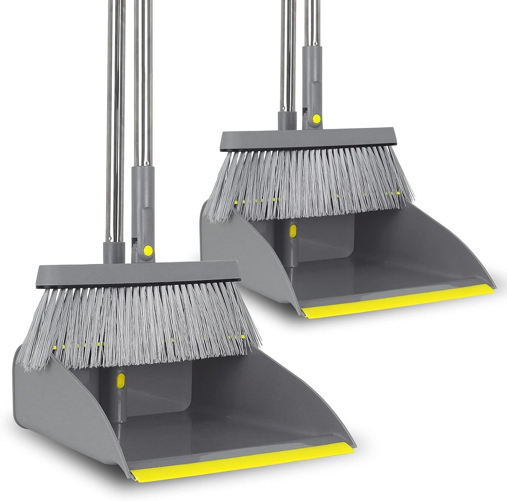 2-Piece Broom and Dustpan Combo Set, 48" Long Adjustable Handle Standing Dustpan