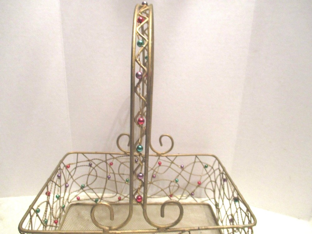 Gold Metal Rectangular Beaded Basket With Handle Open Scroll Weaved