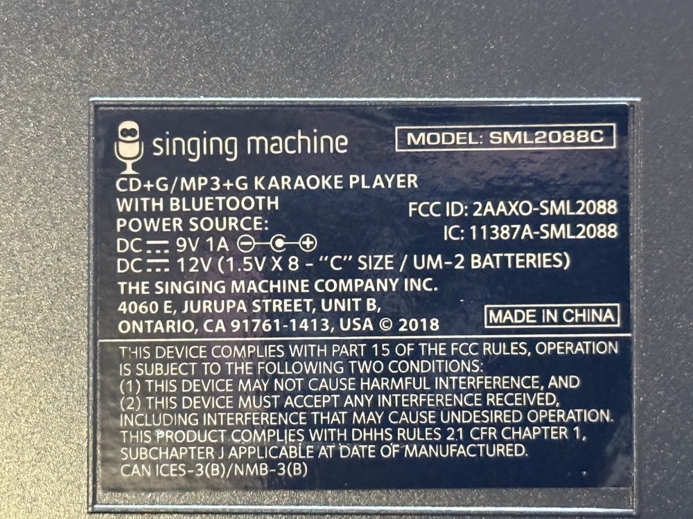 Singing Machine SML2088C Karaoke Player Bluetooth CD+G w/ Lights No Mic