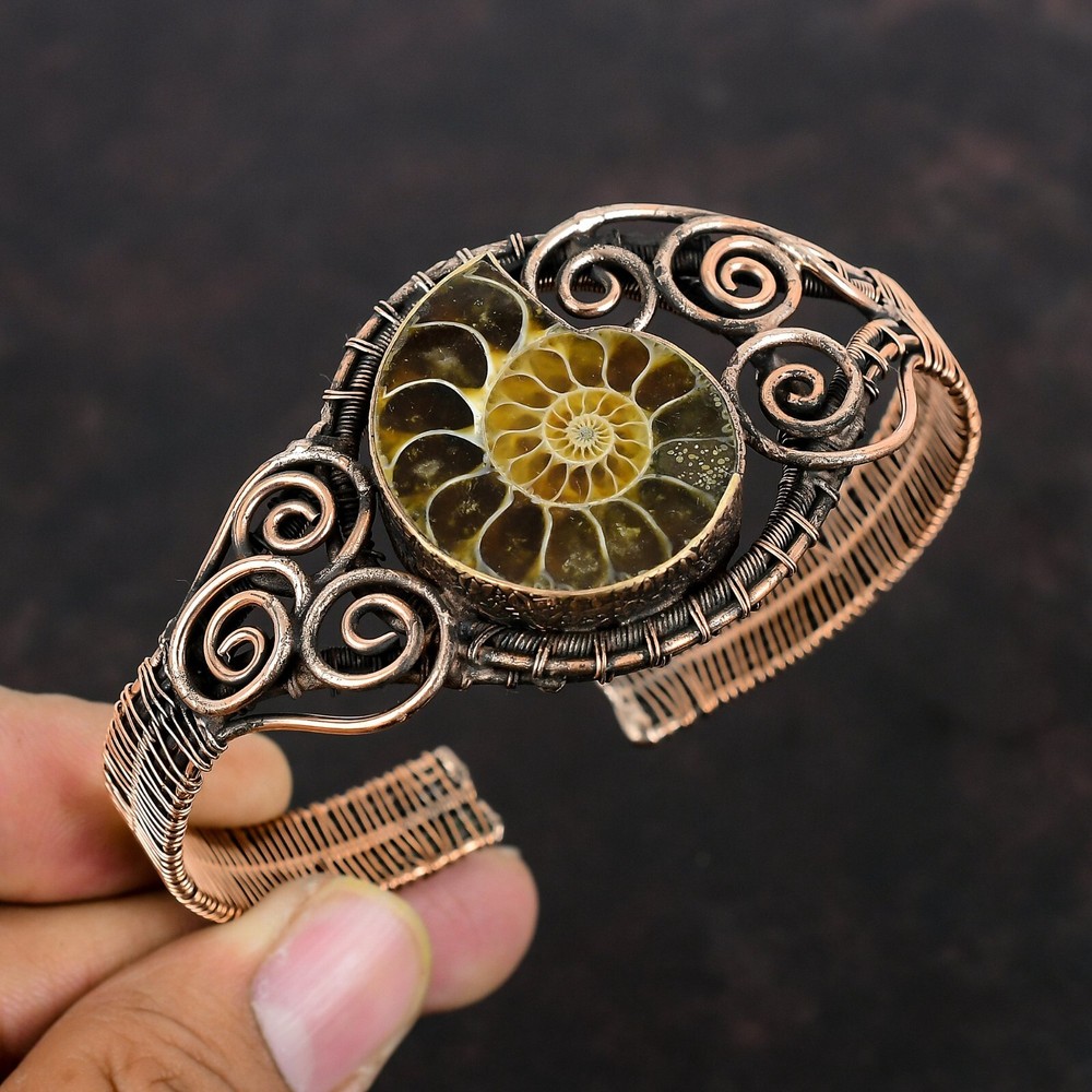 Ammonite Fossil Jewelry Copper Gift For Mom Wire Wrapped Adjustable Bangle