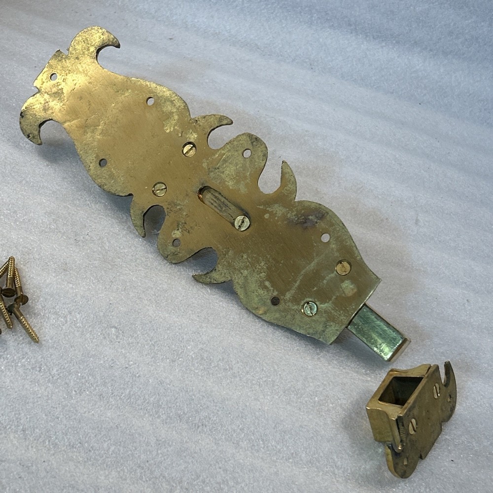 Vintage Ornate Solid Brass Surface Bolt Door Latch Fleur-de-Lis Slide Lock 10.5”