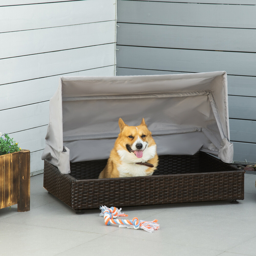 Rattan Dog Bed, Elevated Pet Sofa with Foldable Canopy for Small/Medium Pets
