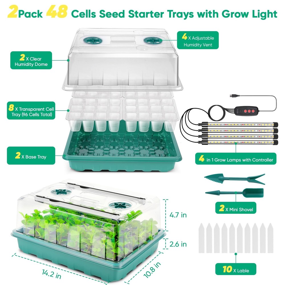 96 Cell Starter Tray with Grow Light, Starter Kit with Adjustable Humidity Do...