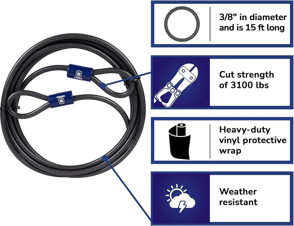 15 ft Heavy Duty Flexible Steel Loop Cable 3/8" with Vinyl Wrap for Security