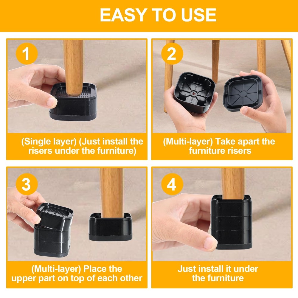 Black Adjustable Bed Lifts Furniture Risers, 4 Pack 1 Inch Stackable Square
