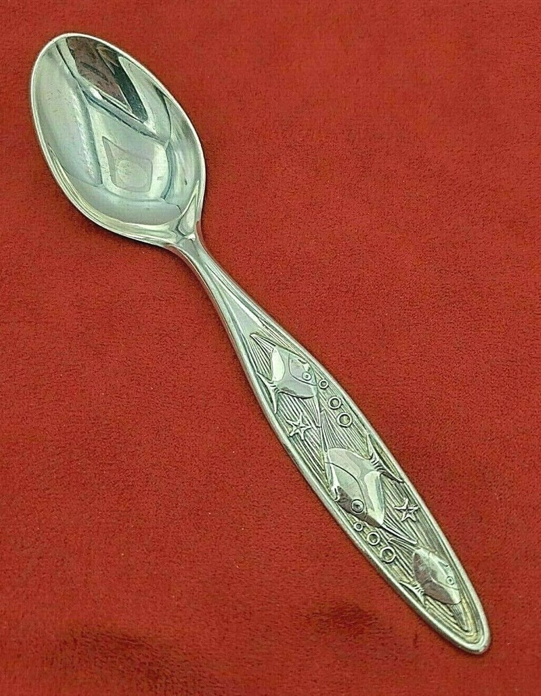 800 Silver Teaspoon with Stylized Fish Design Mid Century Modernism #10923
