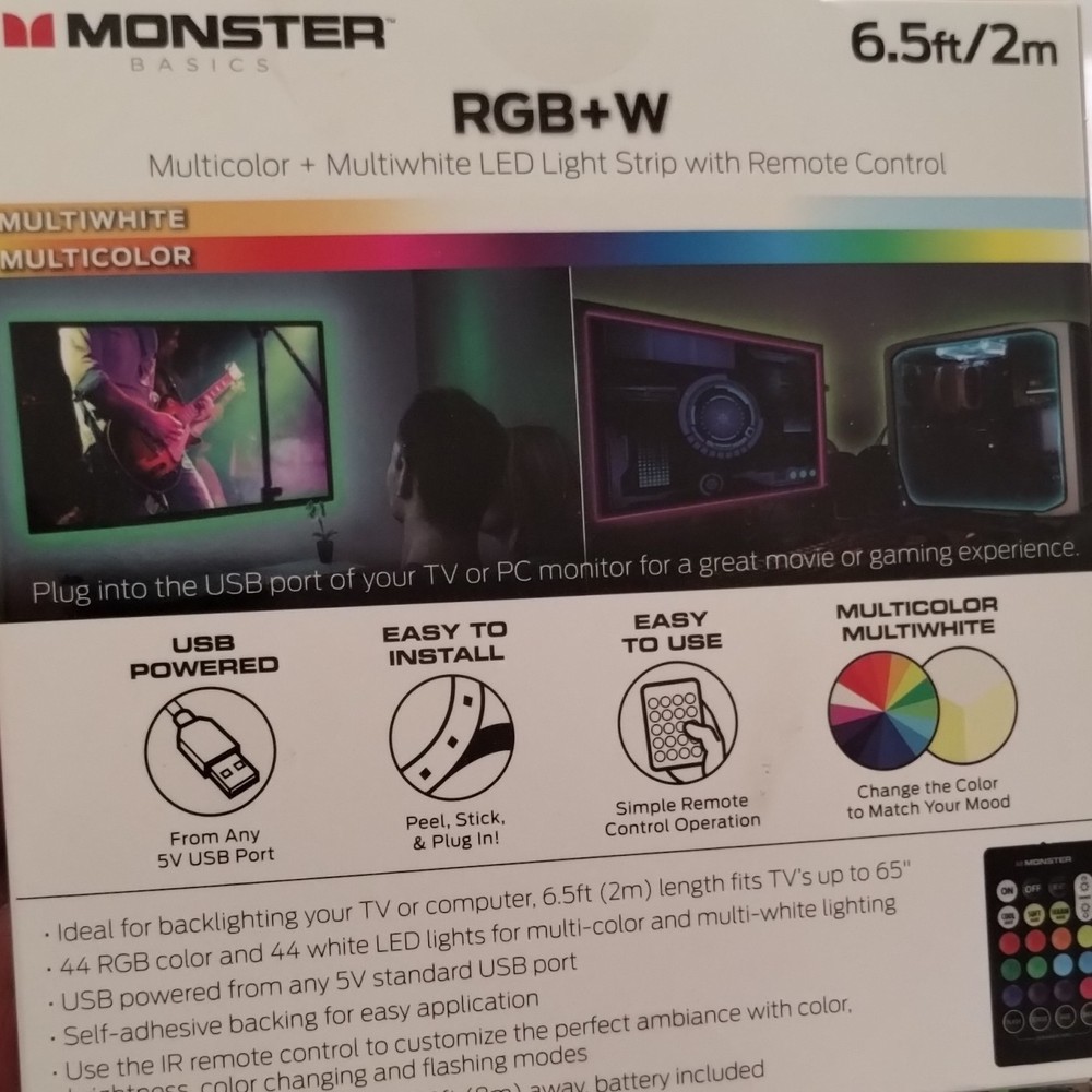 Monster Basics RGB+W Multicolor Multiwhite LED Light Strip Remote USB 6.5ft/2m