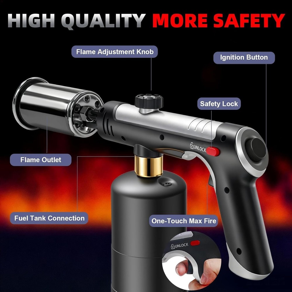 Powerful Propane Torch，Flame Thrower Gun With One-Touch Max Fire, Kitchen Coo...