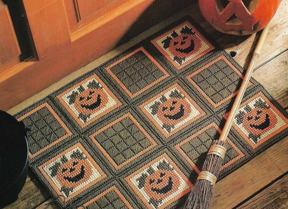 JACK O LANTERN RUG PUMPKINS HALLOWEEN PLASTIC CANVAS PATTERN INSTRUCTIONS
