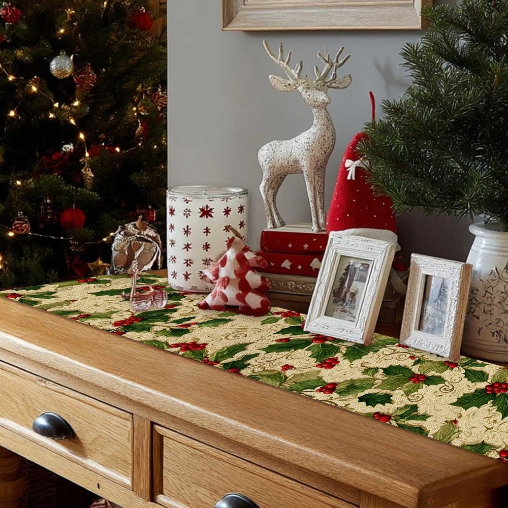 Christmas Table Runner Holly Berry Kitchen Dining Table Decor, Xmas Table Run...