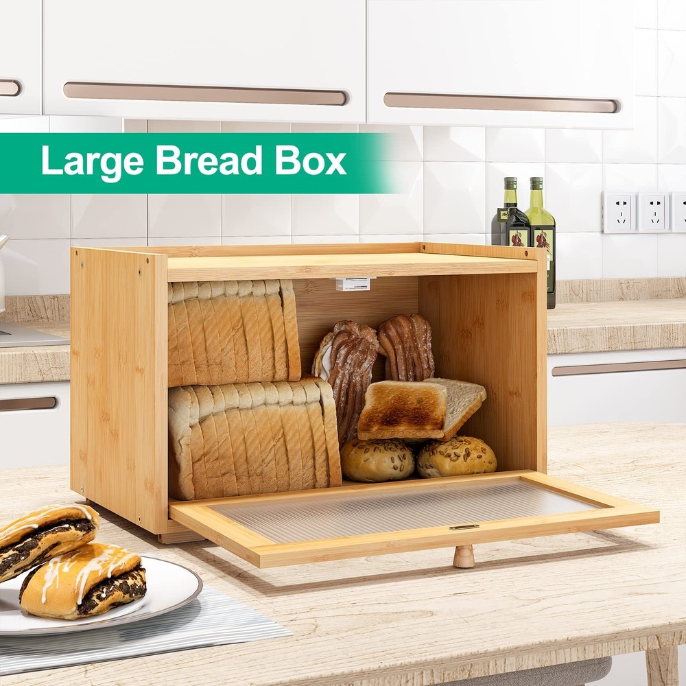 Large Bread Box for Kitchen Counter, Bamboo Bread Storage Container with Wavy...