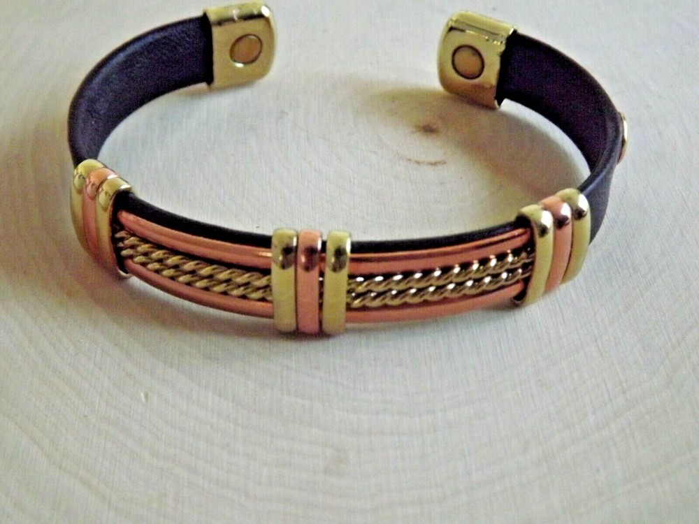Solid Copper Leather Wrapped Magnetic Bracelet Arthritis Pain Therapy Cuff