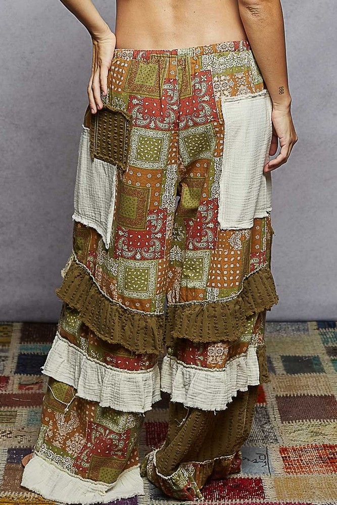 "Mo Patchwork" Layered Ruffled Pants in Olive