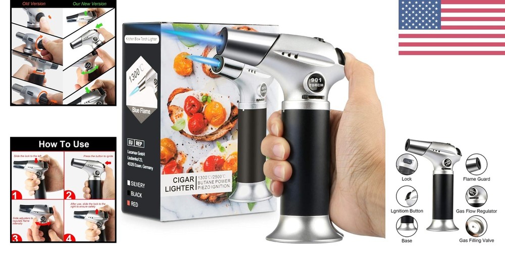 Refillable Kitchen Blow Torch with Adjustable Flame - Perfect for Baking & BBQ