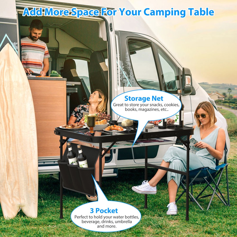 Height Adjustable Camping Table w/ Mesh Desktop, Picnic Table w/ Carry Handle