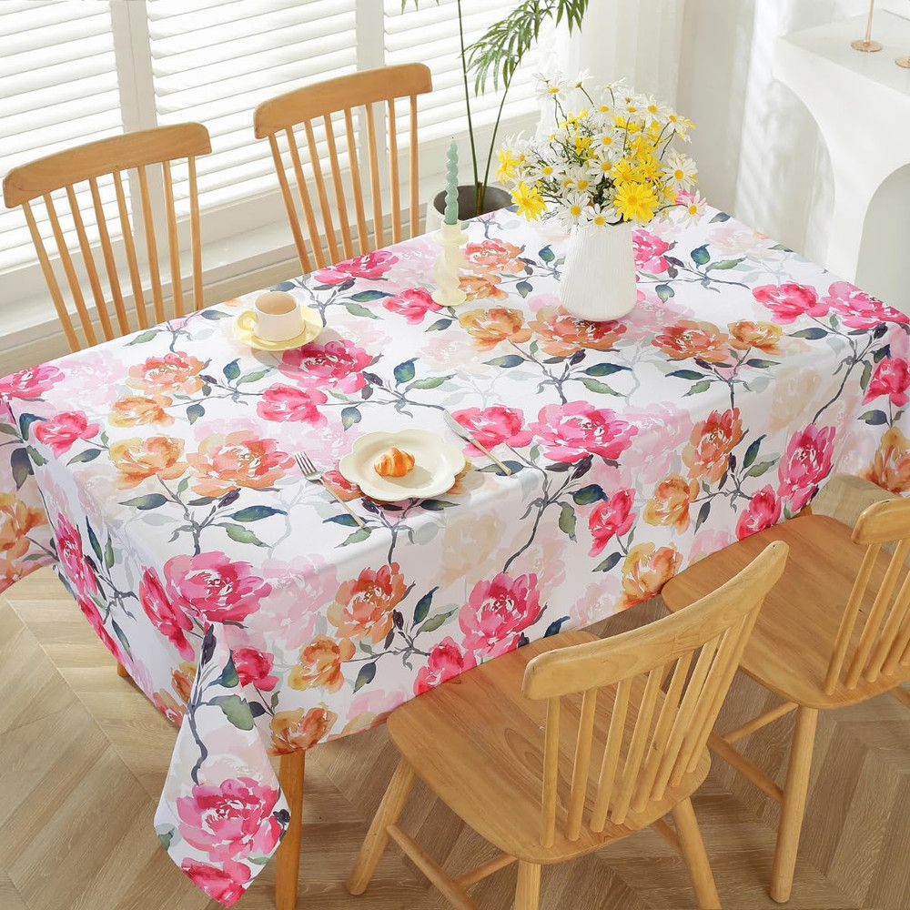 Spring Pink Rose Watercolor Tablecloth 52"x70" Rectangular Floral Cover