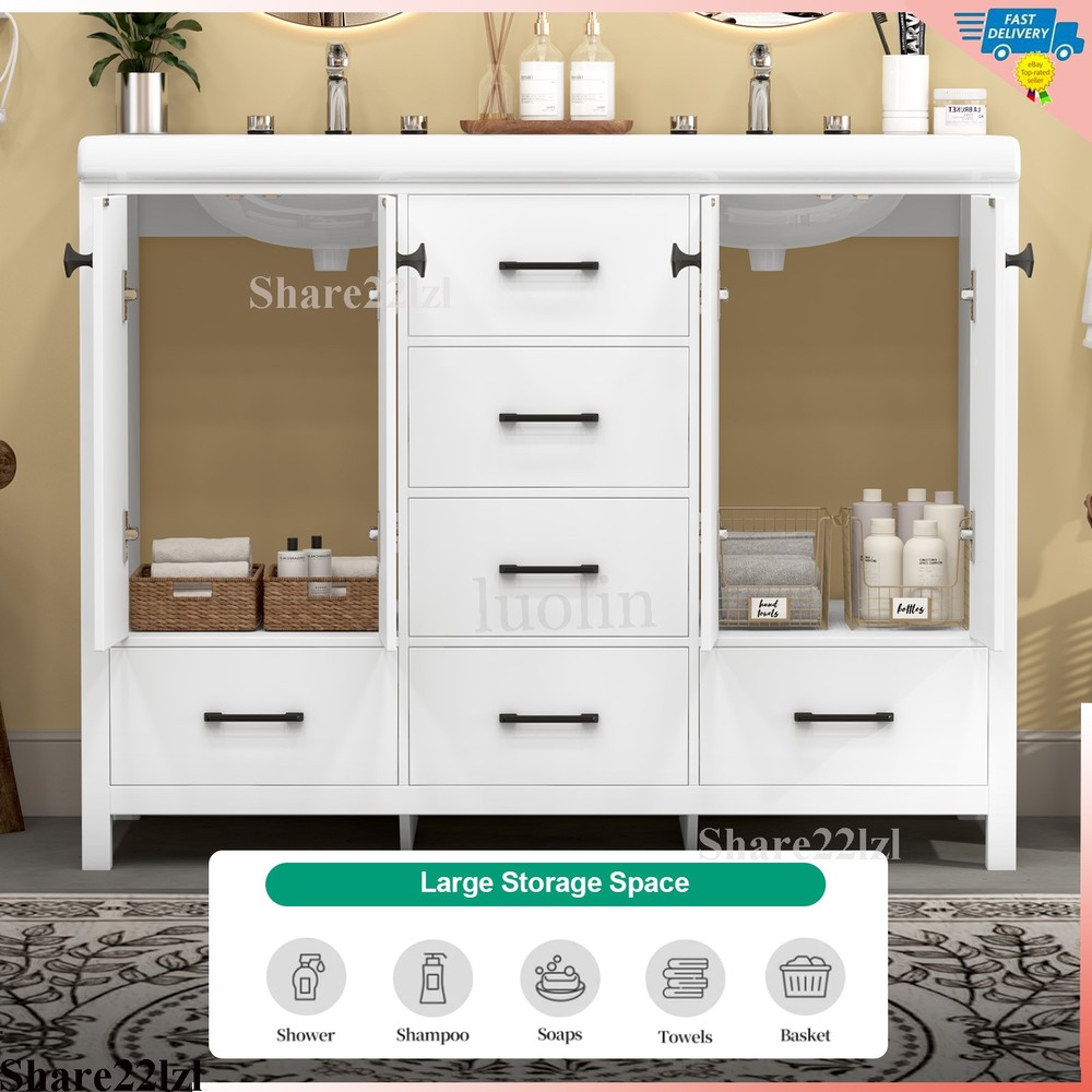 47" Bathroom Vanity Storage Cabinet with Double Ceramic Sink White Freestanding