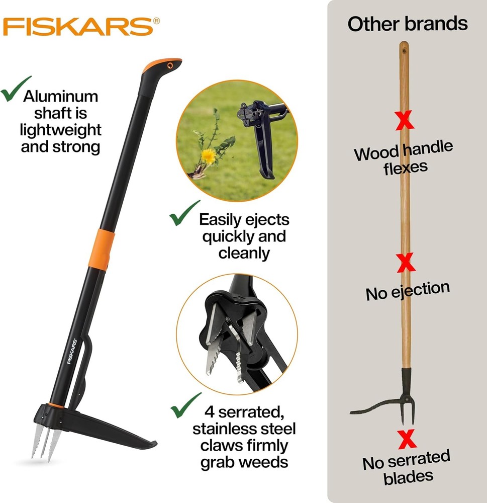 Long Handle 4 Claw Stand Up Weed Puller Tool with Easy Eject Mechanism for