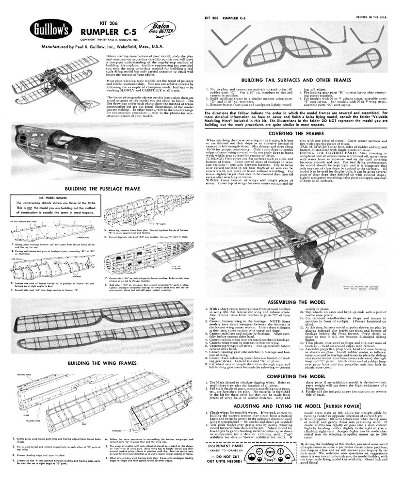 Guillows Model Airplane Plans (FF): RUMPLER C-5 24" Scale Rubber or .020 Engine
