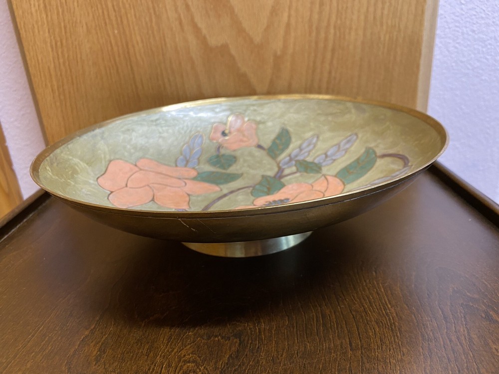 Brass Enamel Bowl Cloisonné Type ~ Floral Design 9 1/2”
