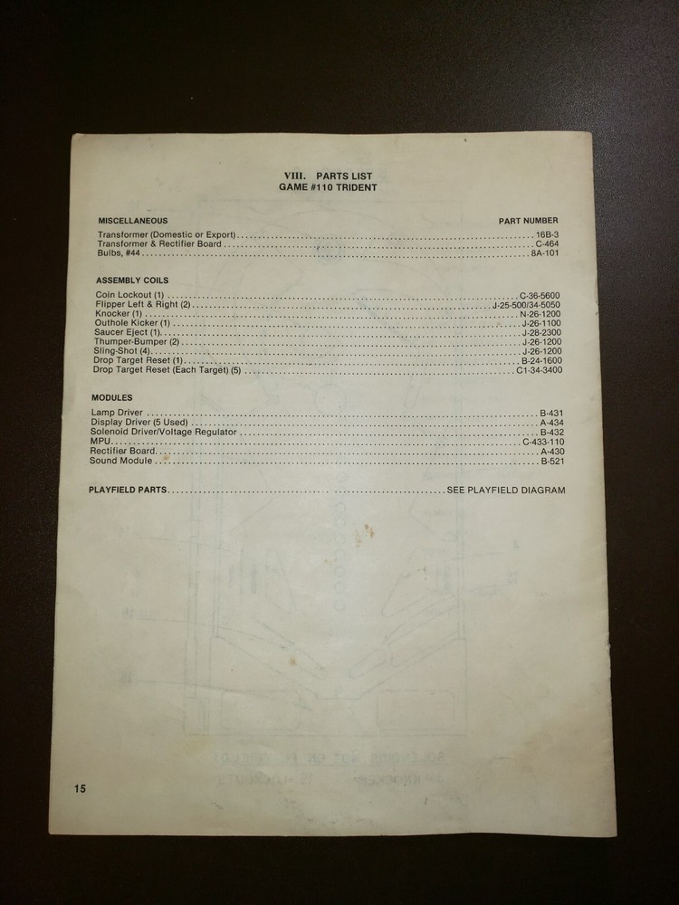 Stern TRIDENT Original Pinball Manual
