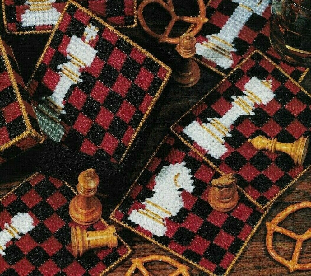 CHECKMATE COASTERS CHESS DESIGNS HOME DECOR PLASTIC CANVAS PATTERN INSTRUCTIONS