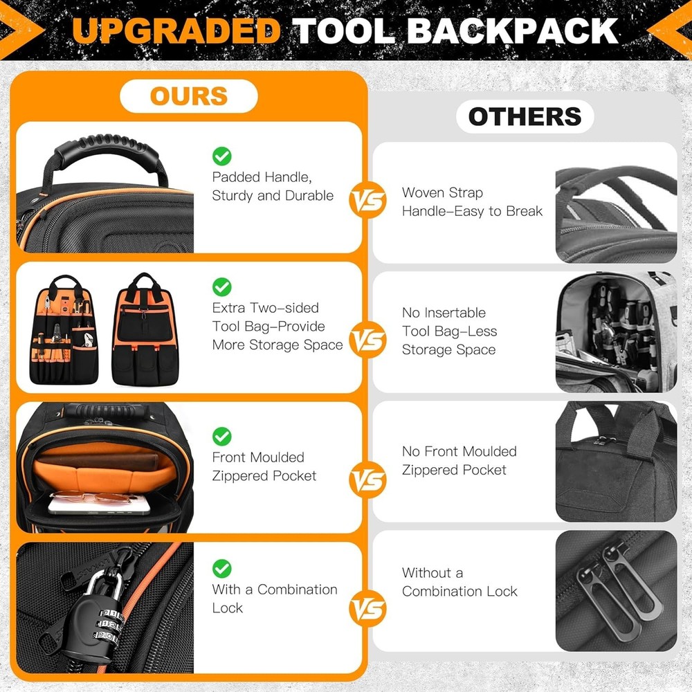 Professional Tool Backpack with 75 Pockets & Pull-Out Storage - Black & Orange