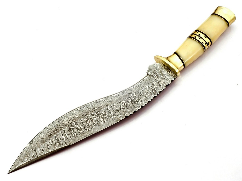Damascus Kukri Knife Exotic Camel Bone and Brass Handle Ladder Pattern Sharp 17