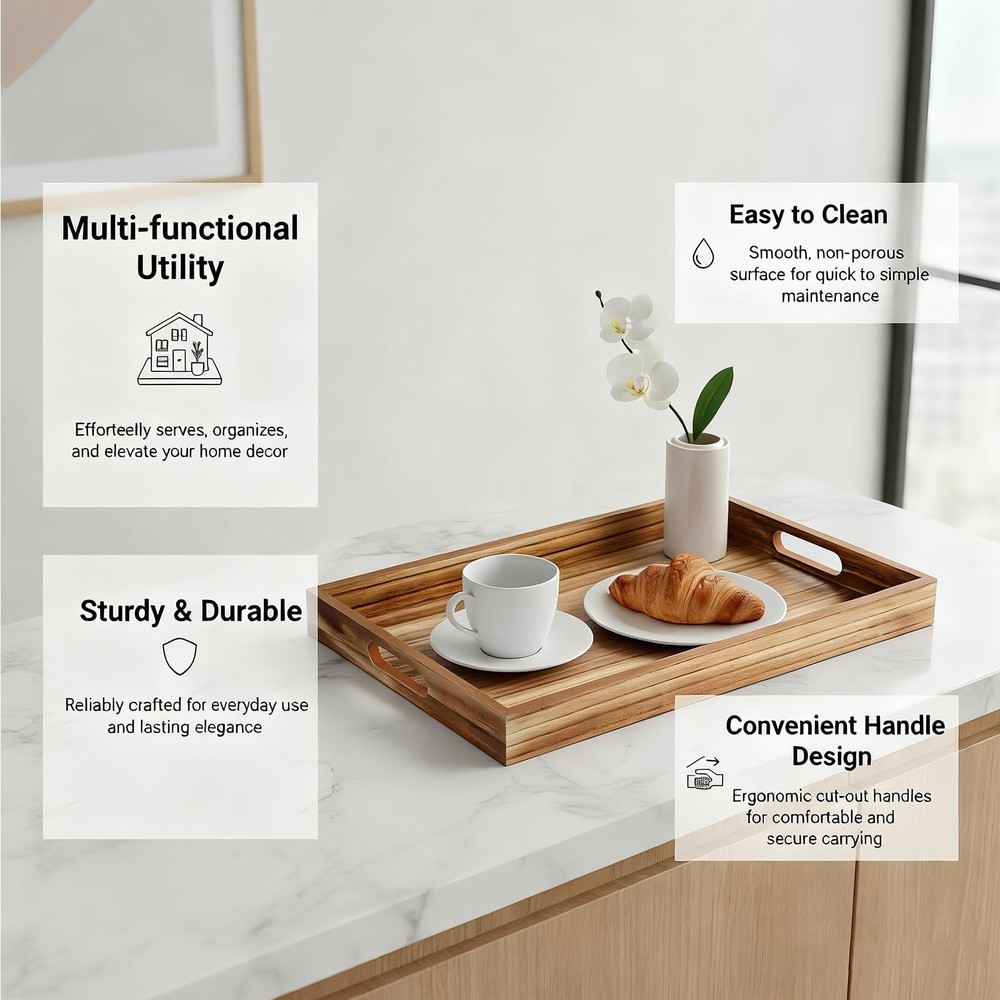 Wooden Serving Tray with Handles, Rustic Brown Rectangular Serving Platter 15...