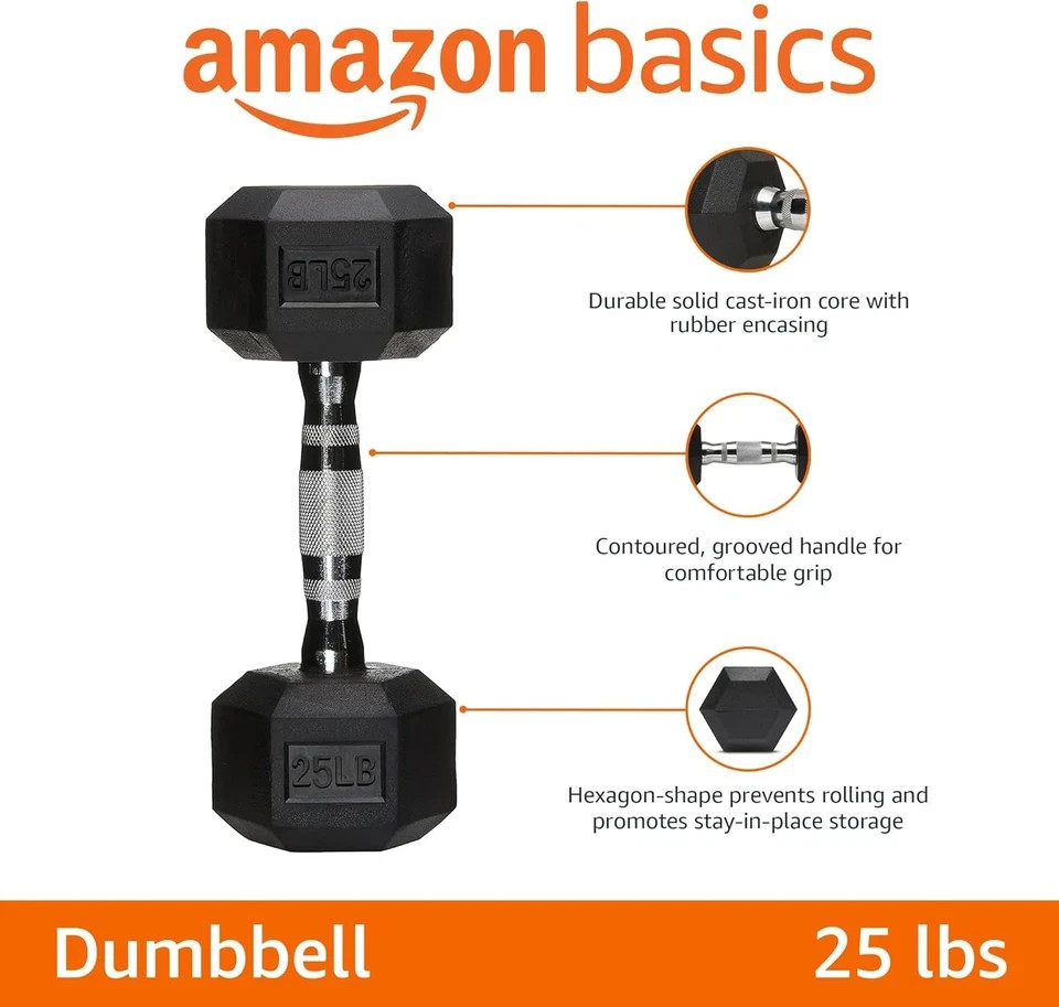 Amazon Basics Rubber Hex Dumbbell Hand Weight 25 Pounds, Black