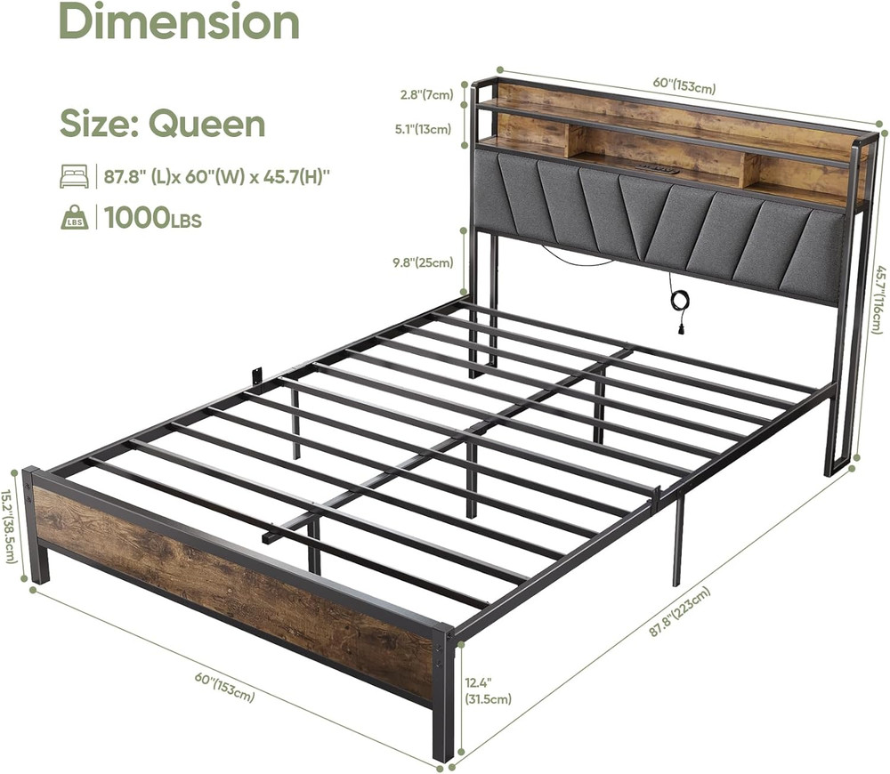 Queen Bed Frames with Headboard, LED Lights Queen Size Bed Frame with Charging S