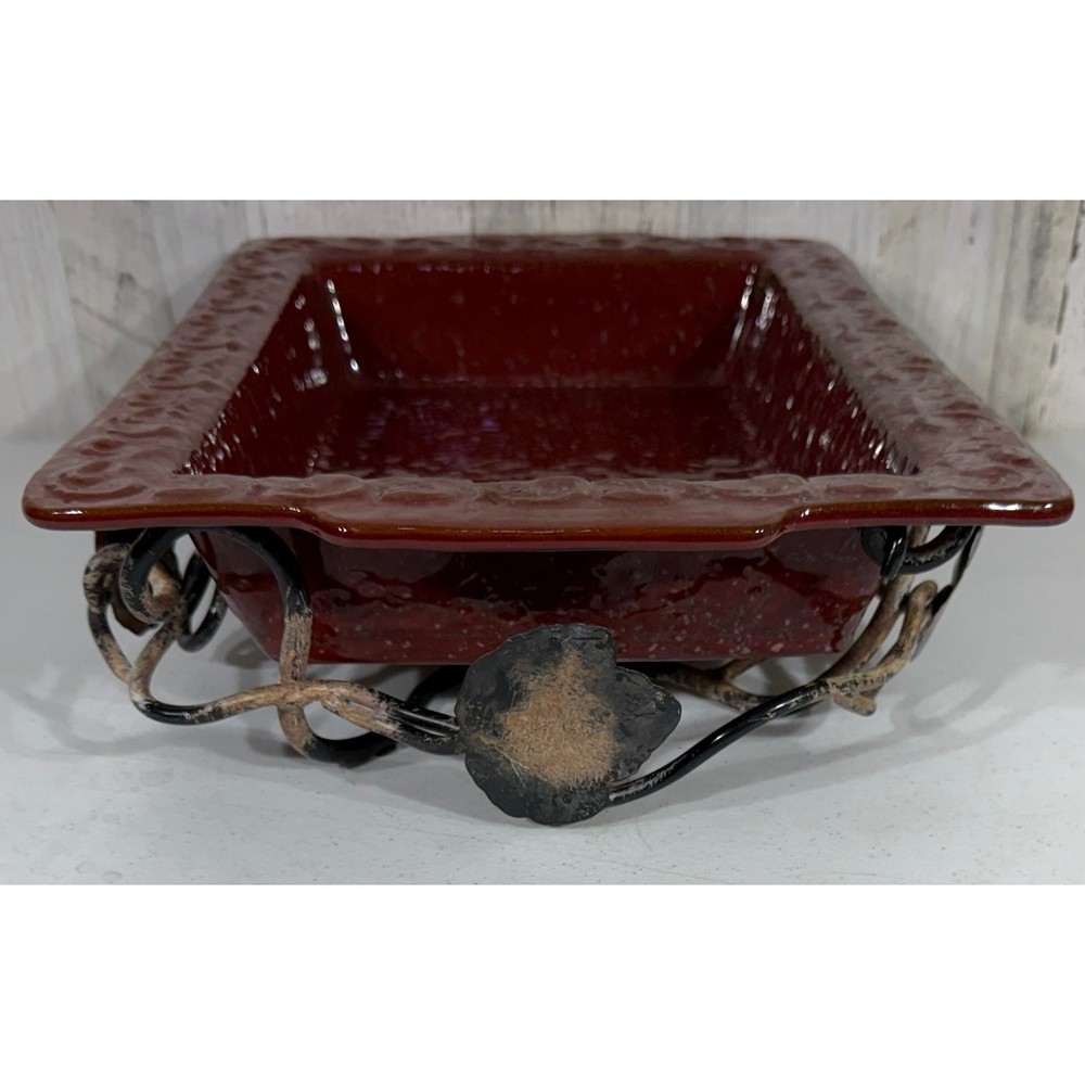 Rustic Red Ceramic Baking Casserole Dish with Wrought Iron Stand Leaf Accents
