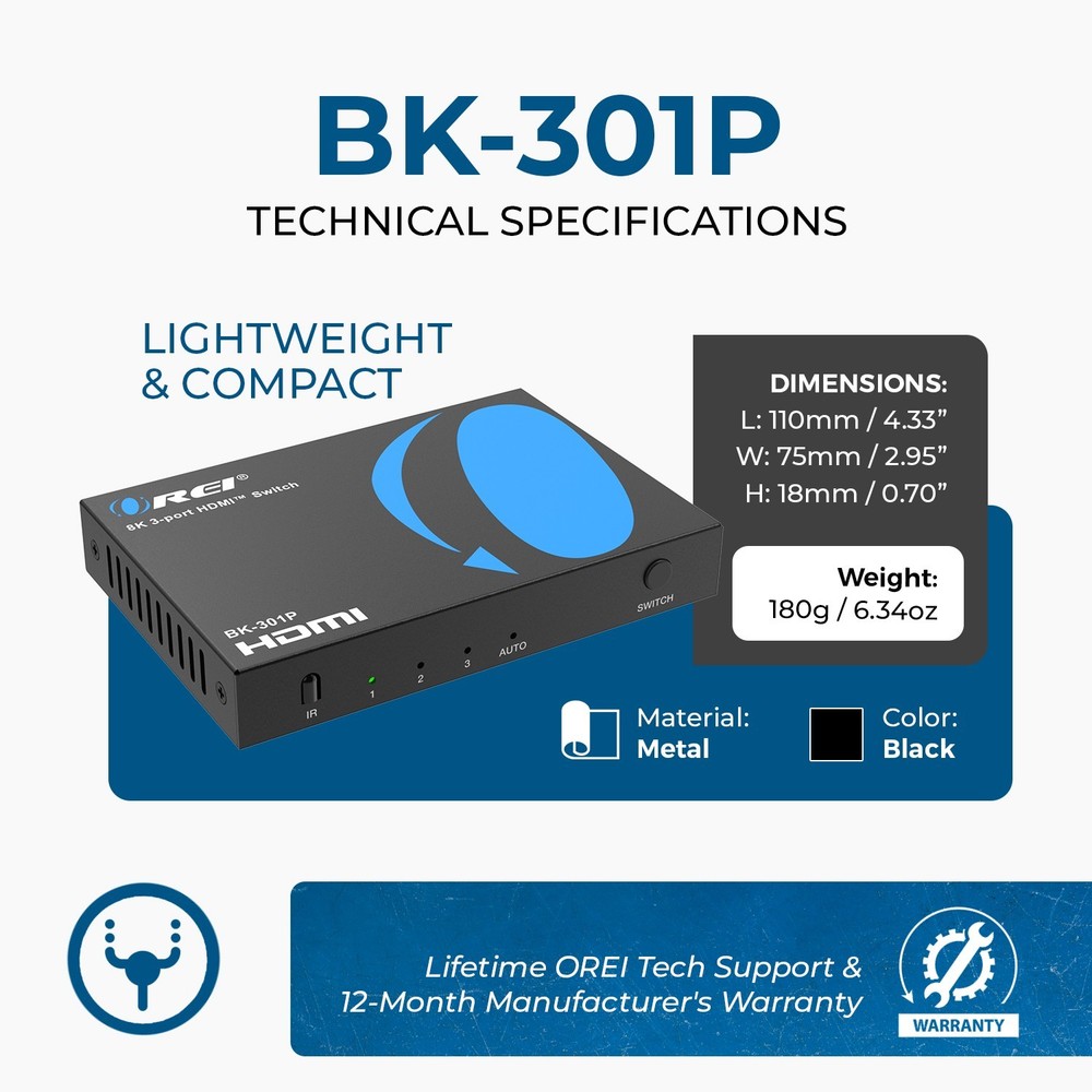OREI 8K 3-port HDMI™ Switch (BK-301P)